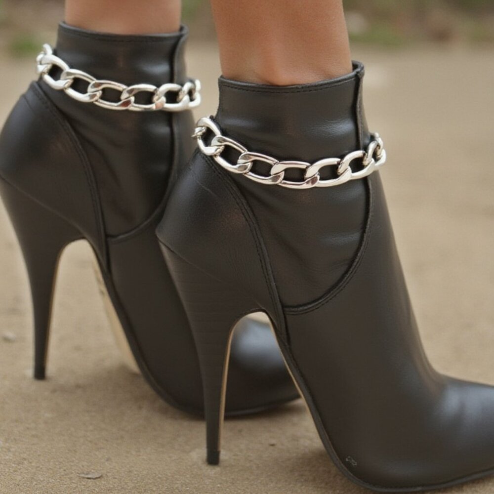 Women Silver Metal Boot Chain Links Bracelet Heel Shoe Charm Wrap Around 2PCS